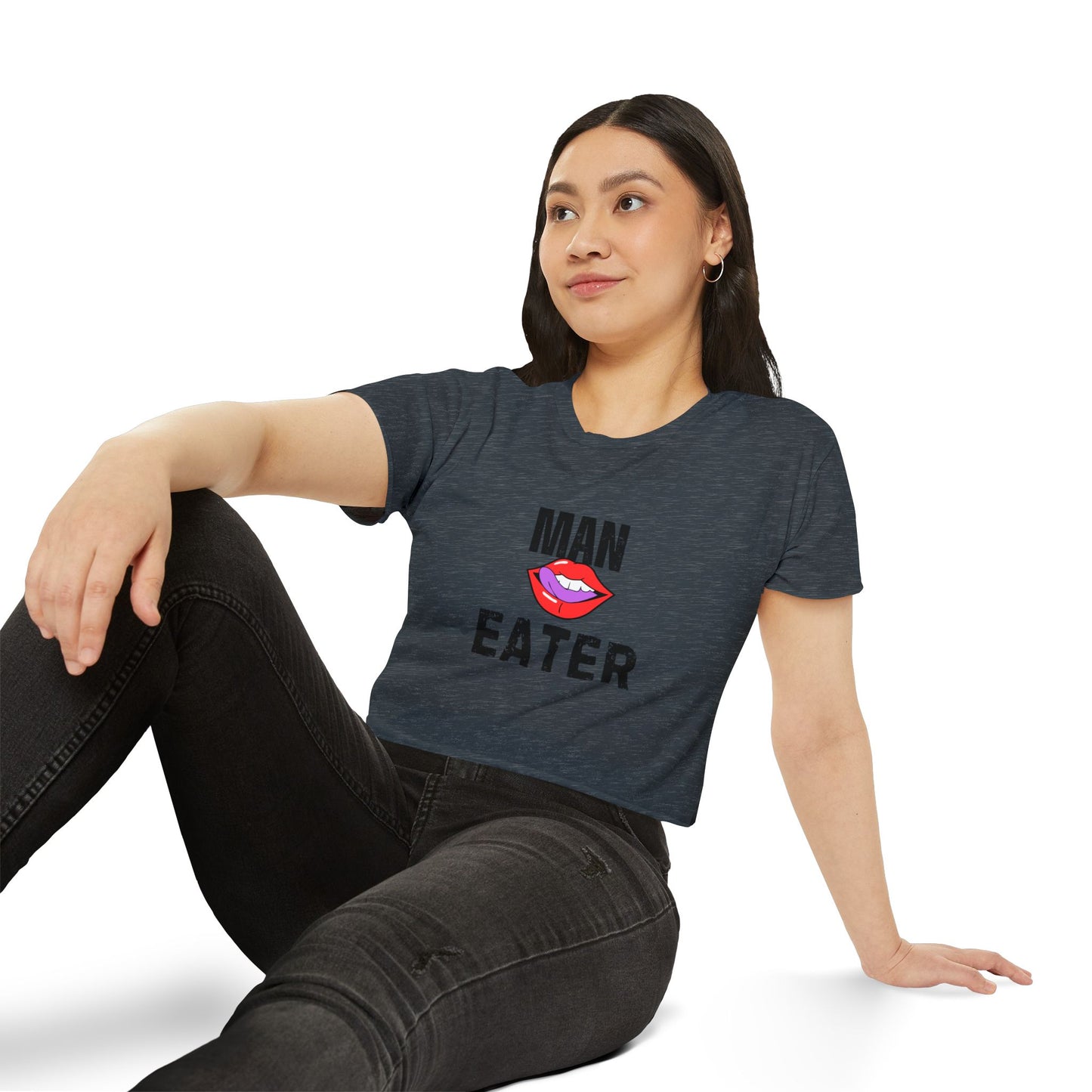 Woman sitting wearing My "Man Eater" Crop Top