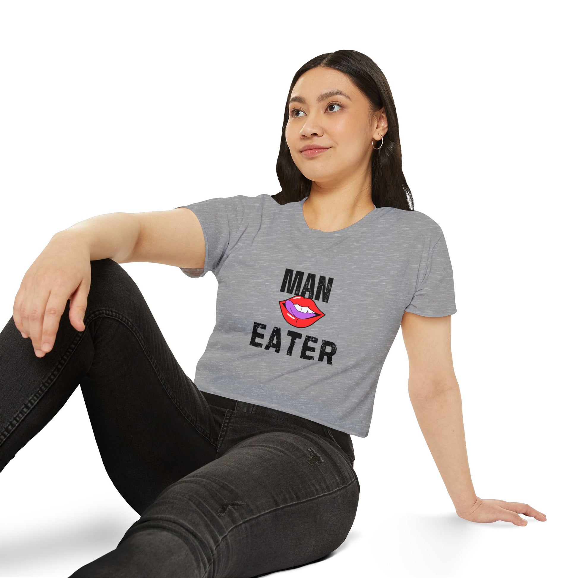 Woman sitting wearing My "Man Eater" Crop Top