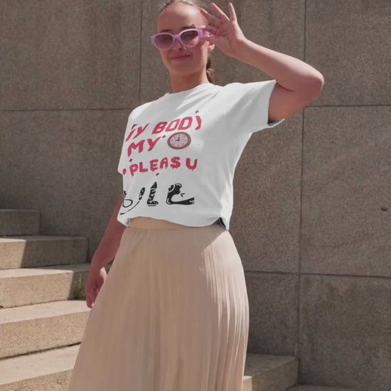Person wearing My Body My Time My Pleasure style graphic t-shirt.