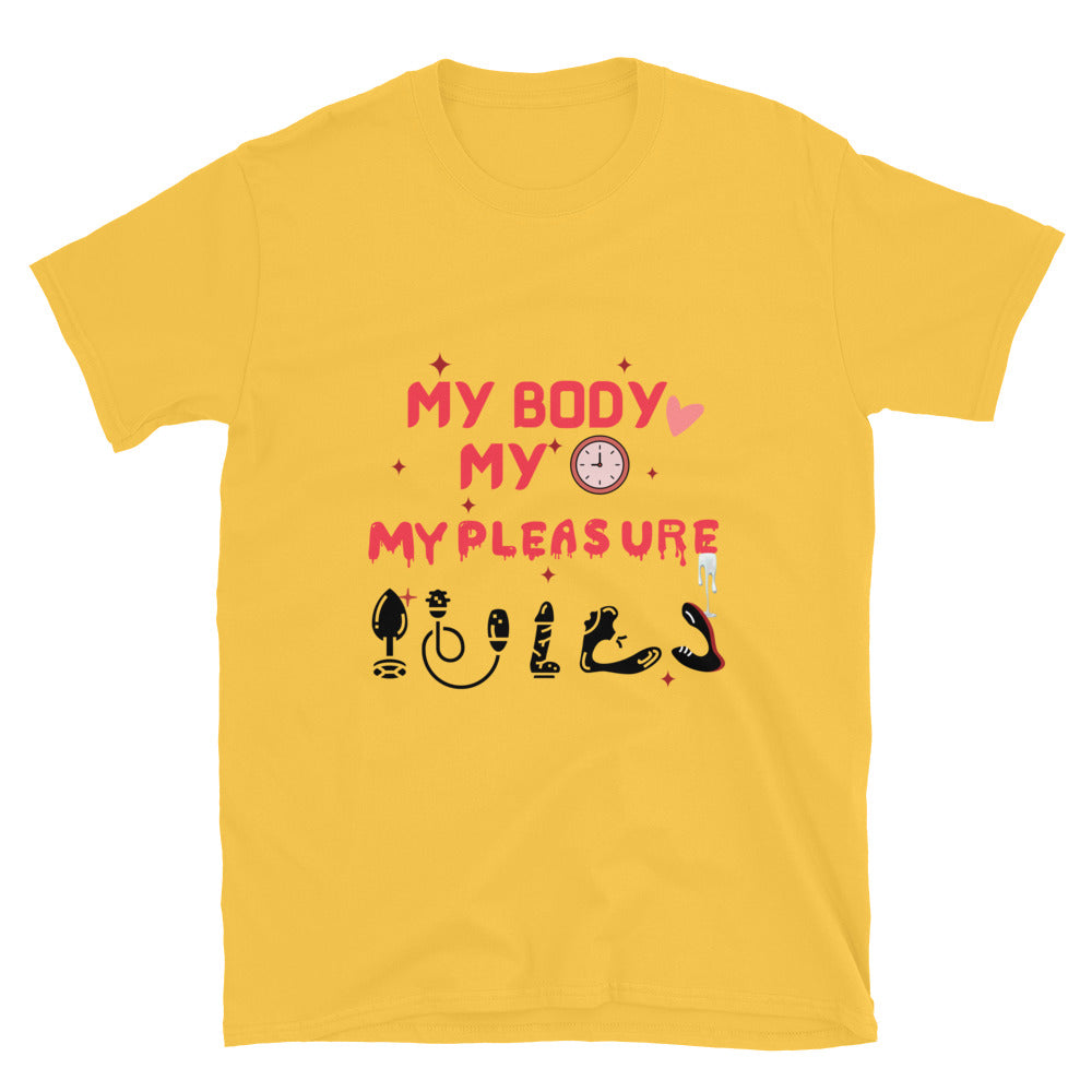 Person wearing My Body My Time My Pleasure style graphic t-shirt.
