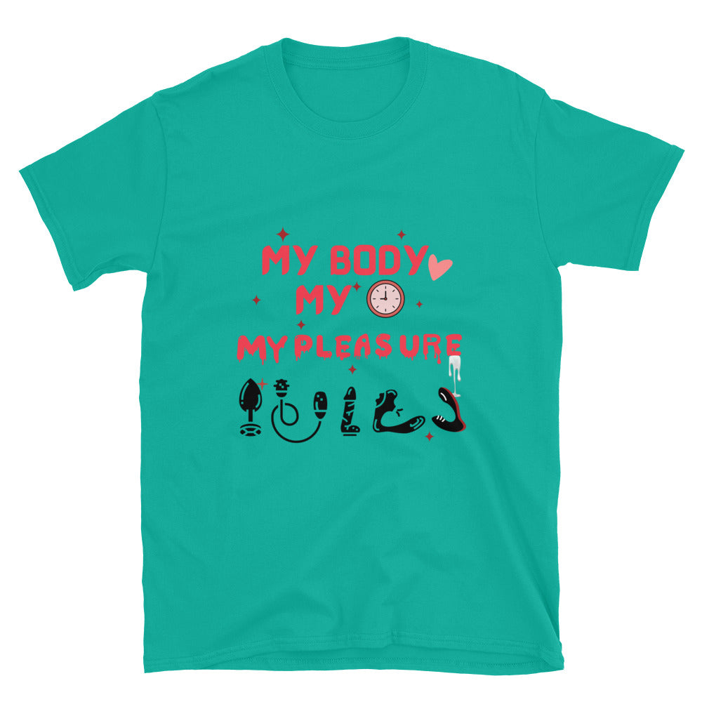 Person wearing My Body My Time My Pleasure style graphic t-shirt.